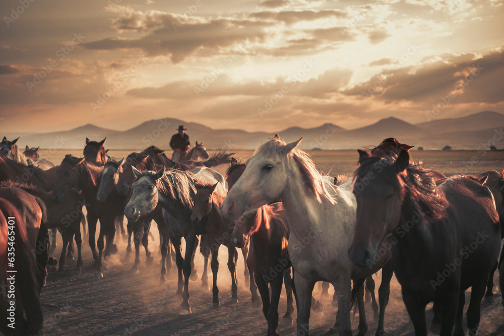 Obraz premium wild horses and cowboy