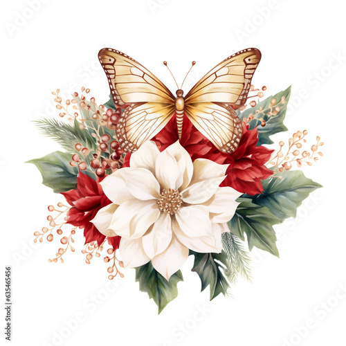 Christmas Butterfly with Flowers Watercolor Clip Art  Watercolor Illustration  Flowers Sublimation Design  Christmas Clip Art.