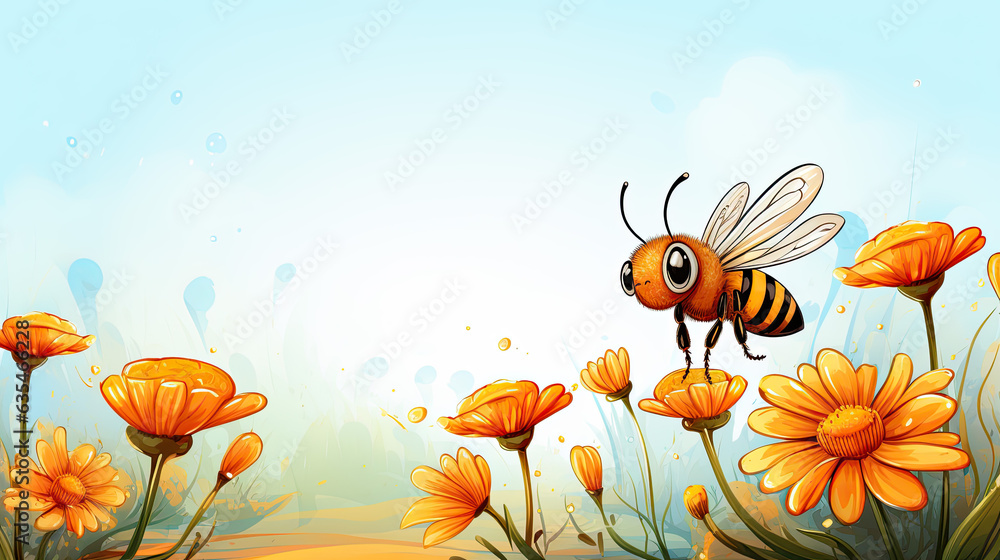 Creative illustration of a bee collecting nectar from yellow flowers. Creative illustration of a bee collecting nectar from yellow flowers.
