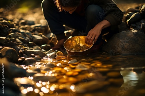 Finding gold, gold panning or digging, gold ore, Generative Ai photo