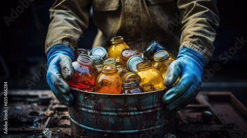 close up of a man in protective suit collecting toxic waste.