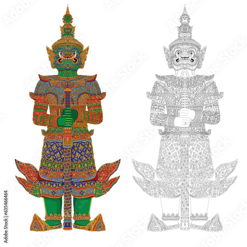 Giant guardian statue in Wat Phra Kaew Thailand on white backgroud.vector illustration 10