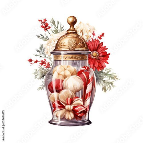 Christmas Candy Jar with Flowers Watercolor Clip Art, Watercolor Illustration, Flowers Sublimation Design, Christmas Clip Art.