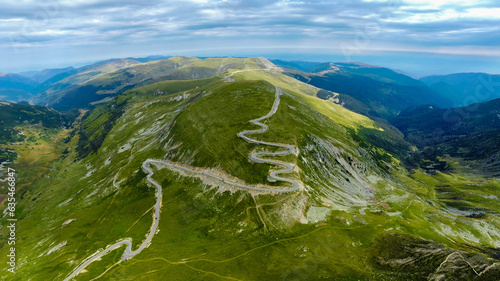 Aerial view of the spectacular Transalpina road with many serpentines crossing the Carpathian mountains at high altitude