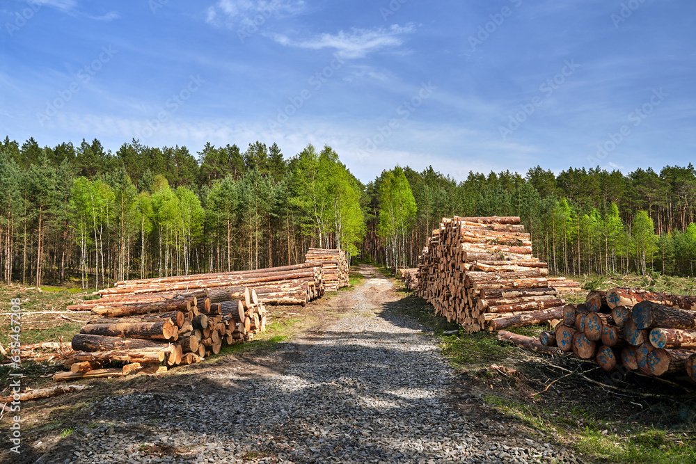 piles with wood, dirt road and mixed forest in summer