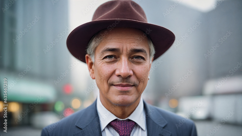 Businessman in a hat smiling in outside. Generative AI Businessman in a hat smiling in outside. Generative AI