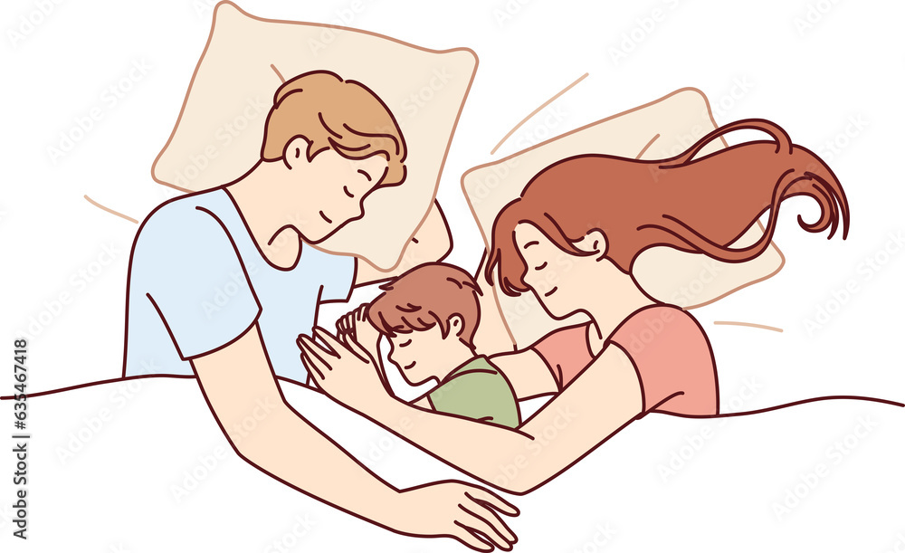 Happy family couple with child sleeps in bed enjoying healthy sleep and restoring strength Happy family couple with child sleeps in bed enjoying healthy sleep and restoring strength