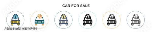 Car for sale icon in filled, thin line, outline and stroke style. Vector illustration of two colored and black car for sale vector icons designs can be used for mobile, ui, web