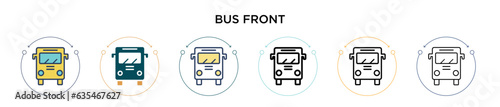 Bus front icon in filled, thin line, outline and stroke style. Vector illustration of two colored and black bus front vector icons designs can be used for mobile, ui, web