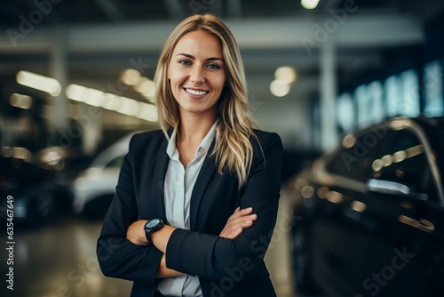 Portrait of a beautiful businesswoman standing with crossed arms in a car dealership.