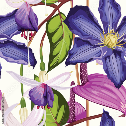 Violet tropical flowers seamless pattern, buds and tropical leaves on white background. Blooming floral for wallpaper, greeting card, web design, voucher, brochures and banners design. 