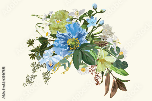 Composition with hand drawn colored decorative garden and wild flowers. Hand drawn sketch. Template for floral textile design, paper, wallpaper, web.