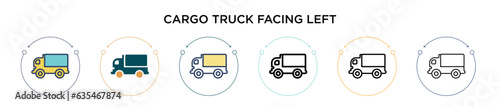 Cargo truck facing left icon in filled, thin line, outline and stroke style. Vector illustration of two colored and black cargo truck facing left vector icons designs can be used for mobile, ui, web photo