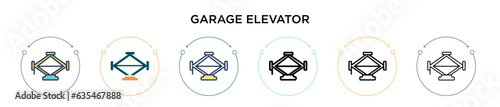 Garage elevator icon in filled, thin line, outline and stroke style. Vector illustration of two colored and black garage elevator vector icons designs can be used for mobile, ui, web