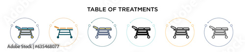 Table of treatments icon in filled, thin line, outline and stroke style. Vector illustration of two colored and black table of treatments vector icons designs can be used for mobile, ui, web