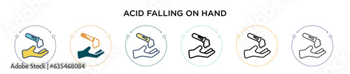 Acid falling on hand icon in filled, thin line, outline and stroke style. Vector illustration of two colored and black acid falling on hand vector icons designs can be used for mobile, ui, web