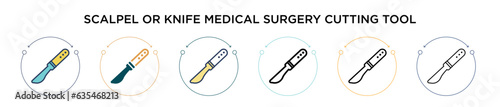 Scalpel or knife medical surgery cutting tool icon in filled, thin line, outline and stroke style. Vector illustration of two colored and black scalpel or knife medical surgery cutting tool vector