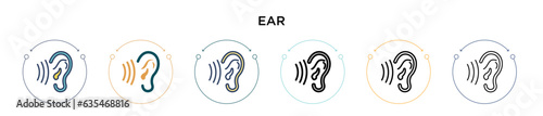 Ear icon in filled, thin line, outline and stroke style. Vector illustration of two colored and black ear vector icons designs can be used for mobile, ui, web