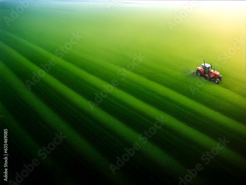 Aerial view of a Tractor fertilizing a cultivated agricultural field. ai generated