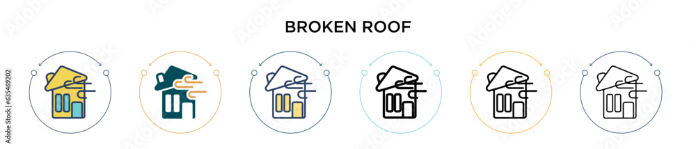 Broken roof icon in filled, thin line, outline and stroke style. Vector illustration of two colored and black broken roof vector icons designs can be used for mobile, ui, web