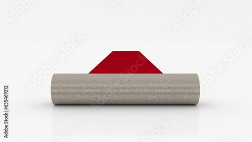 Red carpet roll falls from above onto a reflective white studio floor. It then unfurls as the camera looks straight ahead. Stanchions and velvet ropes then fall from above on either side