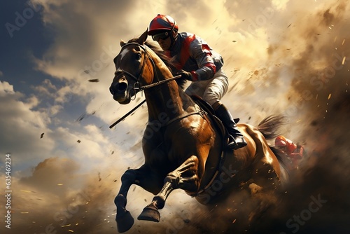 Fototapeta A jockey riding a horse in a horse racing or derby event, Generative Ai