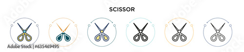 Scissor icon in filled, thin line, outline and stroke style. Vector illustration of two colored and black scissor vector icons designs can be used for mobile, ui, web