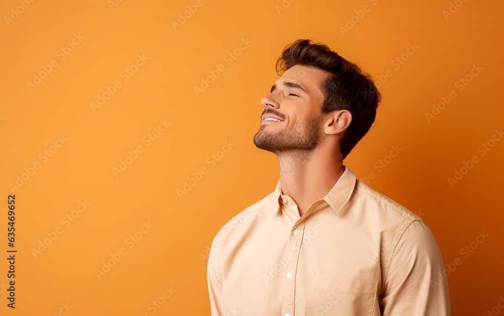 Fototapeta premium Dreamy and pensive looking young man in profile portrait - isolated on light orange background