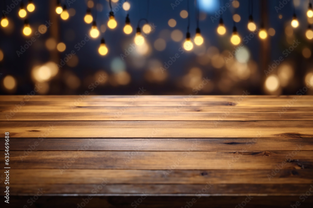 Wooden Table with Bokeh Lights in Blurred Background, Wallpaper, using Generative Ai
