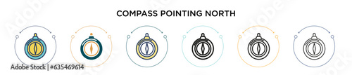 Compass pointing north icon in filled, thin line, outline and stroke style. Vector illustration of two colored and black compass pointing north vector icons designs can be used for mobile, ui, web