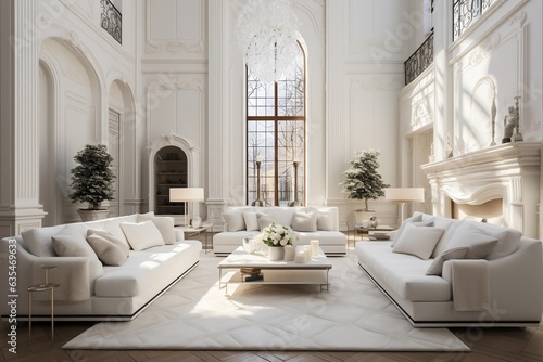 Inside a luxurious white living room with white decor, Generative Ai