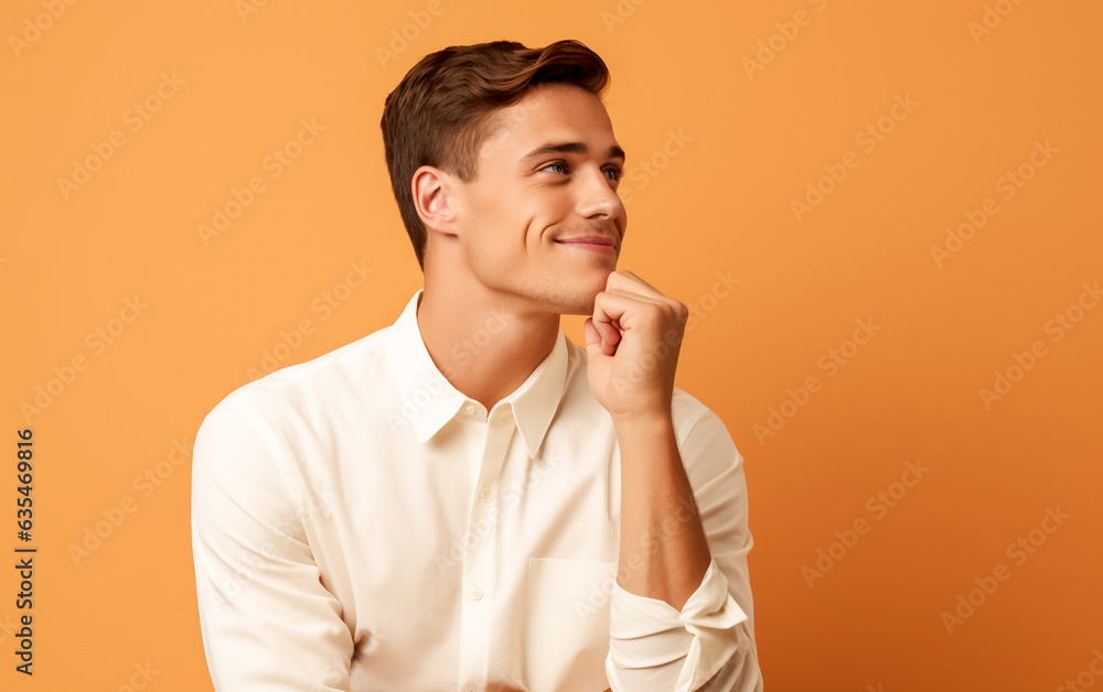 Dreamy and pensive looking young man in profile portrait - isolated on light orange background Dreamy and pensive looking young man in profile portrait - isolated on light orange background