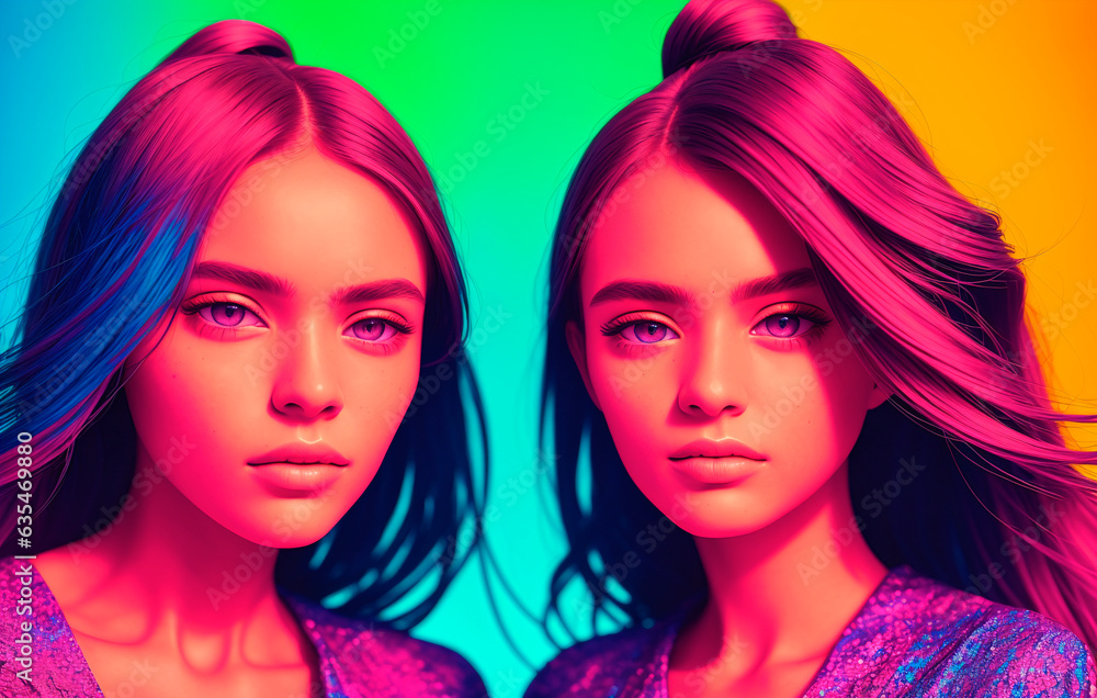 Naklejka premium Beautiful twin girls on a multicolored background. 