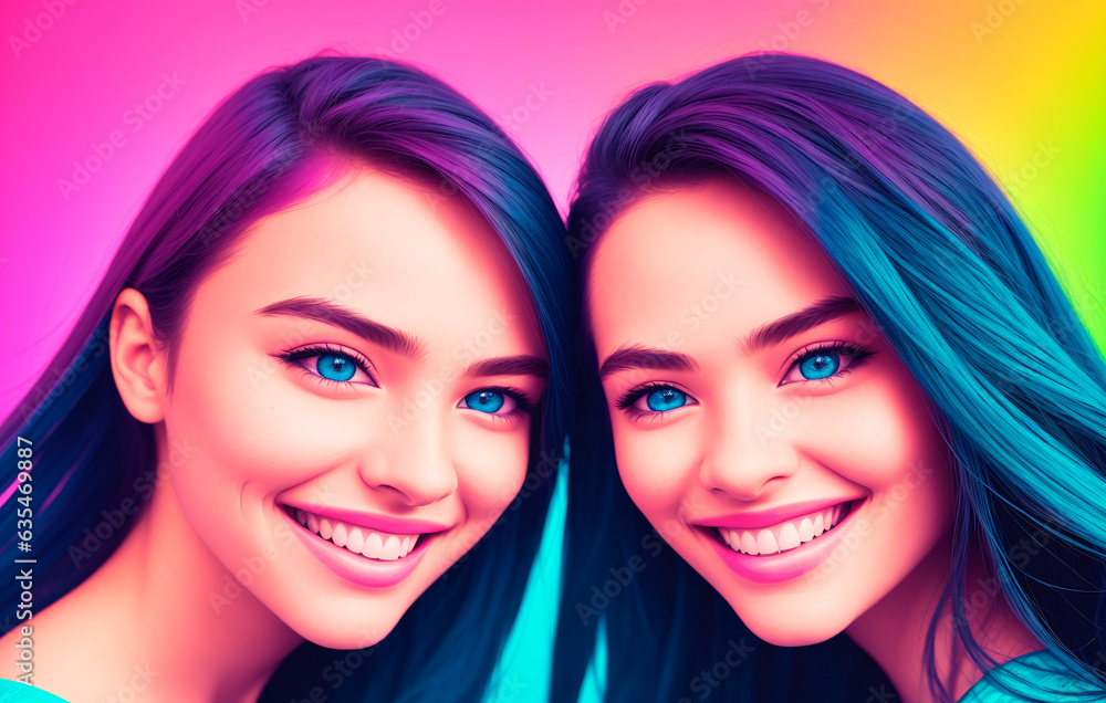 Beautiful twin girls on a multicolored background. Beautiful twin girls on a multicolored background.