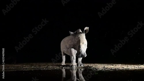 Rinoceronte blanco de noche, en una charca africana photo