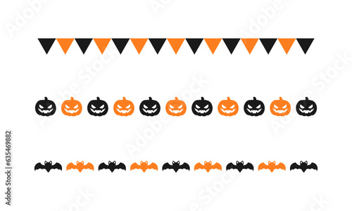 Separator Border illustration line set of cute jack o lanterns, bats, flag bunting, trick or treat icon pattern for Halloween day
