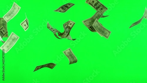 Super slow motion of flying US dollars banknotes on green background. Filmed on high speed cinema camera, 1000fps. Isolated on green screen, ready for background change.