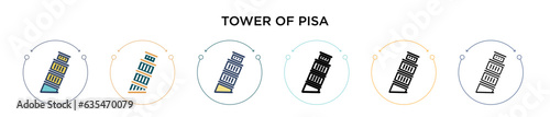 Tower of pisa icon in filled, thin line, outline and stroke style. Vector illustration of two colored and black tower of pisa vector icons designs can be used for mobile, ui, web