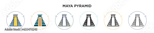 Maya pyramid icon in filled, thin line, outline and stroke style. Vector illustration of two colored and black maya pyramid vector icons designs can be used for mobile, ui, web