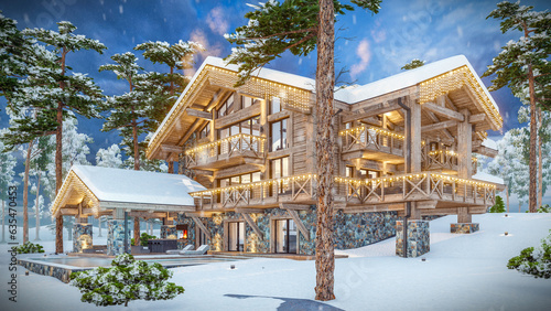 3d rendering of modern cozy chalet with pool and parking for sale or rent. Beautiful forest mountains on background. Massive timber beams columns. Christmas garlands in New Year holidays