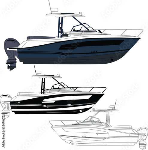Boat vector, Fishing boat vector, Motor boat vector line art illustration and one color.