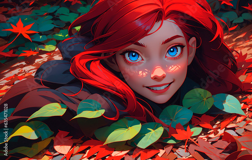 Beautiful redhead girl with blue eyes in the autumn park. 