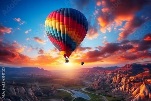 Landscape of fabulous Kapadokya: Colorful hot air balloons flying, Generative Ai