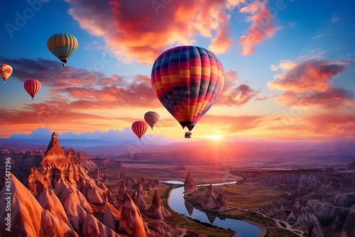 Landscape of fabulous Kapadokya: Colorful hot air balloons flying, Generative Ai photo