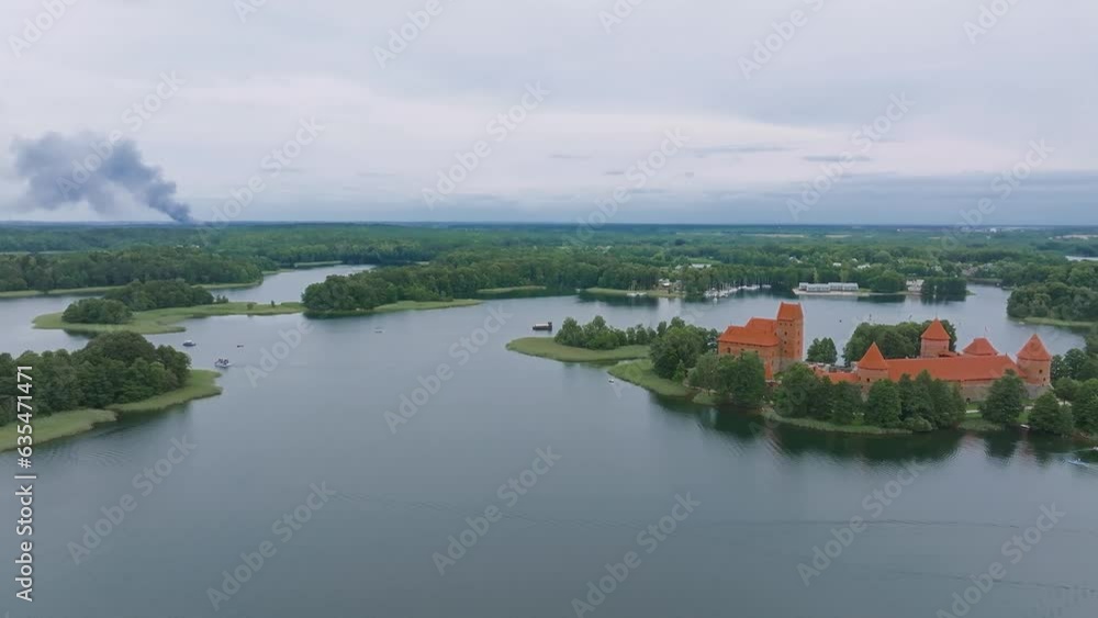 Aerial view of the Trakai castle. Medieval gothic Island castle, located in Galve lake. Flat lay of the most beautiful Lithuanian landmark. Aerial view of the Trakai castle. Medieval gothic Island castle, located in Galve lake. Flat lay of the most beautiful Lithuanian landmark.