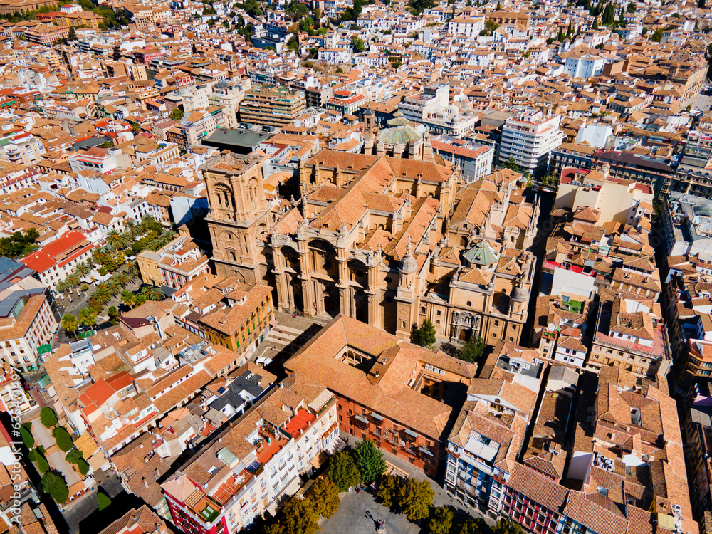 Granada Cathedral city aerial panoramic view in Spain