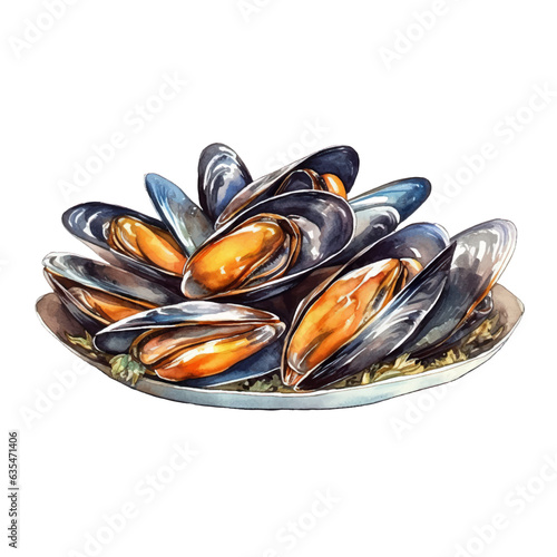 Illustration vector watercolor of mussels on white background. Vector illustration.