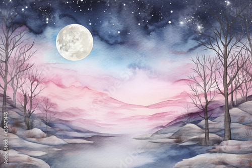 Winter background with full moon and trees. Watercolor illustration created with Generative Ai technology © CraftyKittyArt