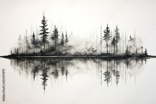 Silhouette of the wood at the lake, beautiful black and white watercolor decorative poster