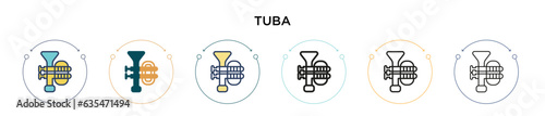 Tuba icon in filled, thin line, outline and stroke style. Vector illustration of two colored and black tuba vector icons designs can be used for mobile, ui, web